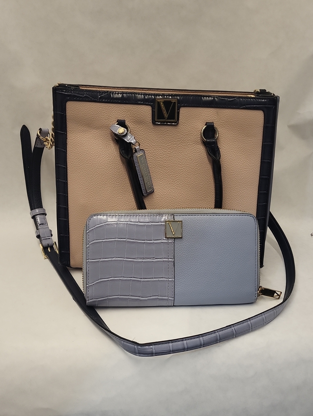 Crossbody Tote and Wallet Set in Beige and Light Gray